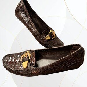 Stuart Weitzman Croc Embossed Patent Leather Loafers Brown